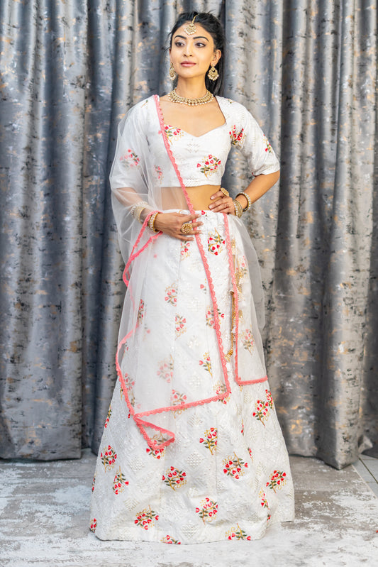 White Cotton Lehenga Set with Floral Embroidery