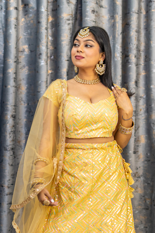 Yellow Cotton Lehenga Set with Floral Embroidery