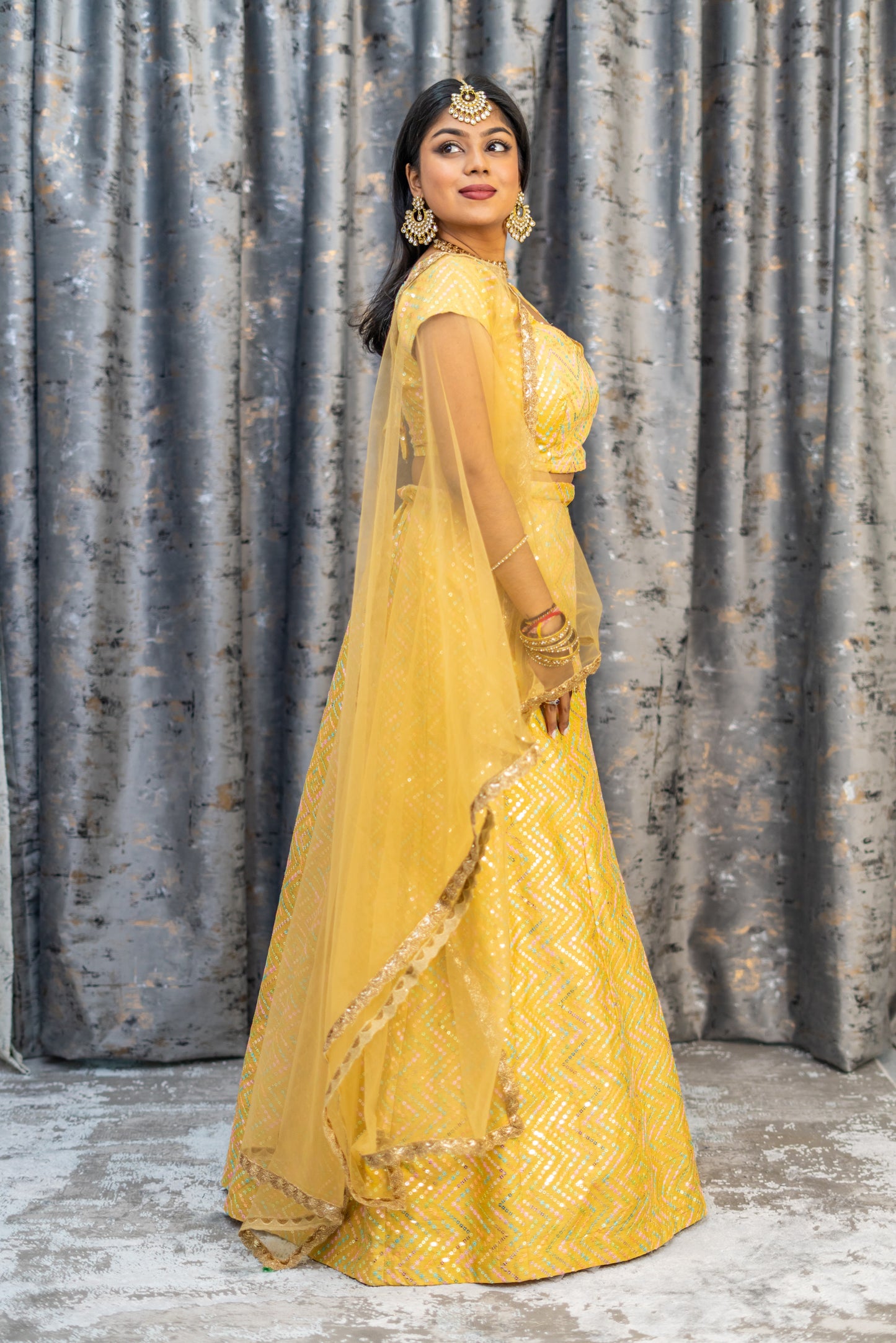 Yellow Cotton Lehenga Set with Floral Embroidery