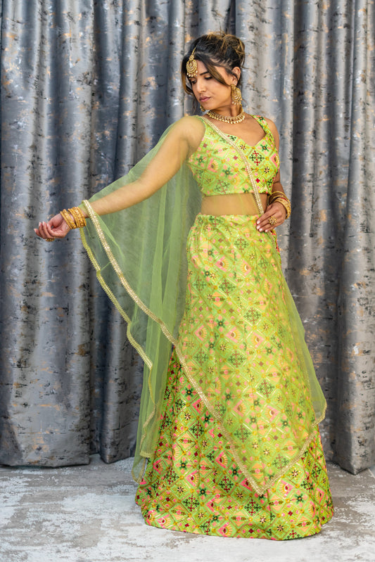 Lime Green Colourful Cotton Lehenga Set with Embroidery