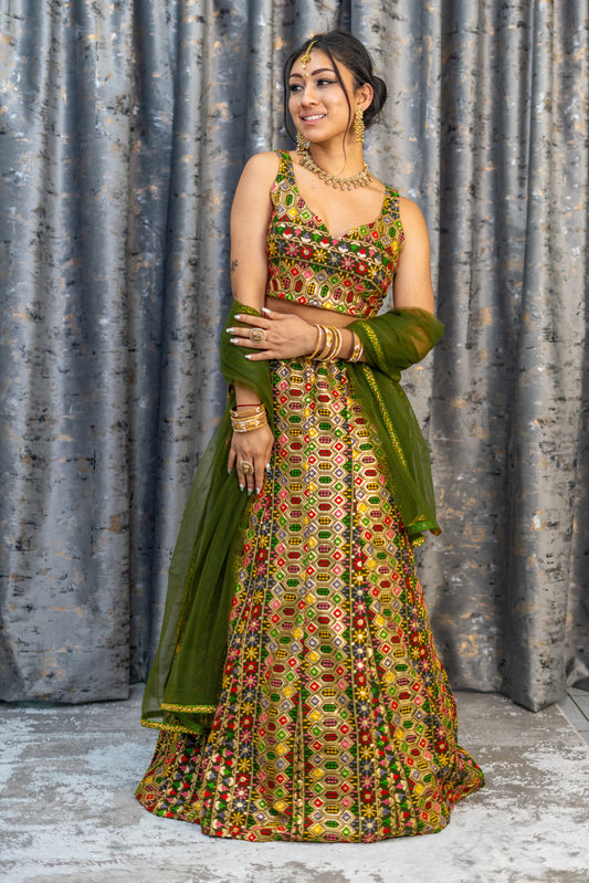 Mehendi Green Colourful Cotton Lehenga Set with Embroidery