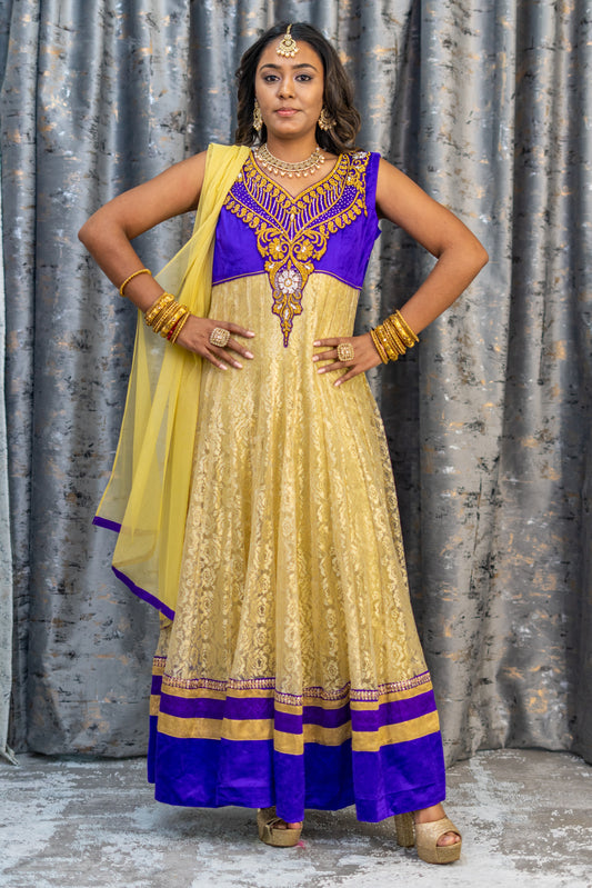 Gold Net Punjabi Set with Purple