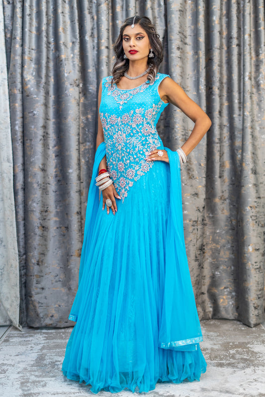 Blue Net Punjabi Set with Silver Swarovski Stone Work
