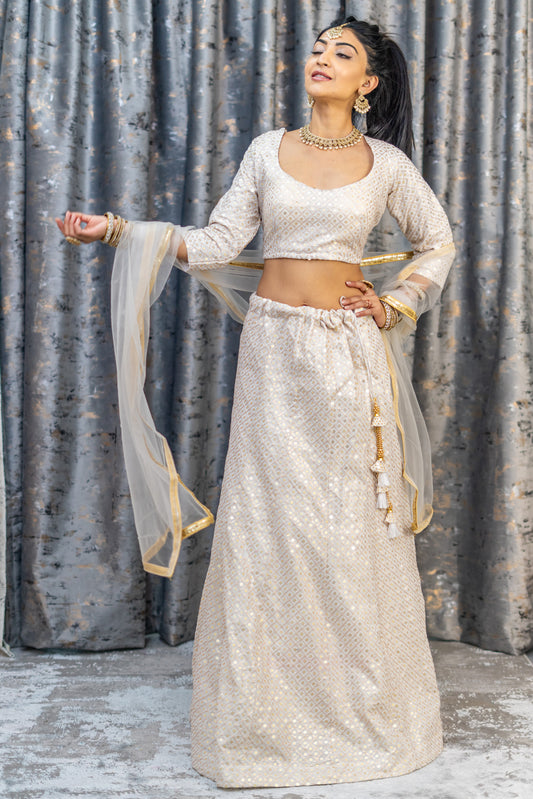 White Cotton Lehenga Set with Embroidery