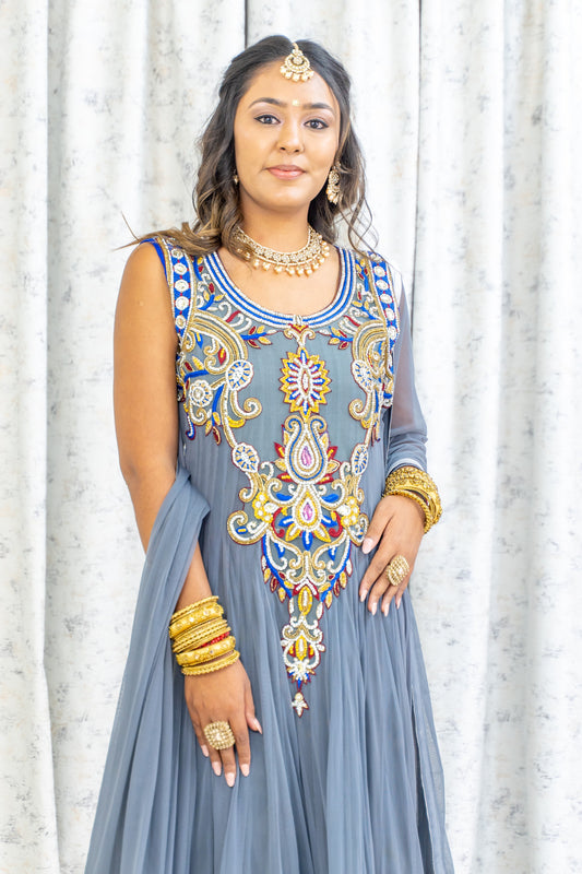 Grey Net Punjabi Set with Swarovski Stone Work