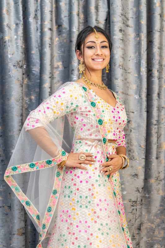 White Colourful Cotton Lehenga Set with Embroidery