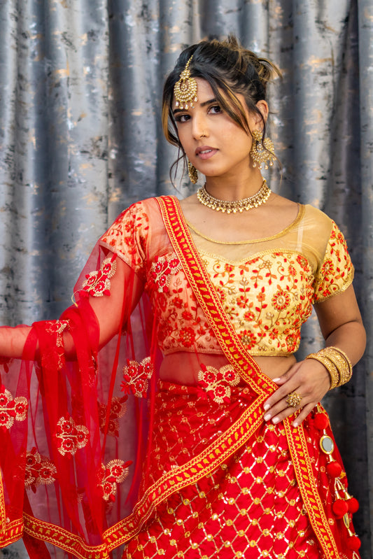 Red Brocade Lehenga Set with Embroidery