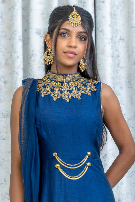 Navy Blue Raw Silk Punjabi Set with Swarovski Stone Work