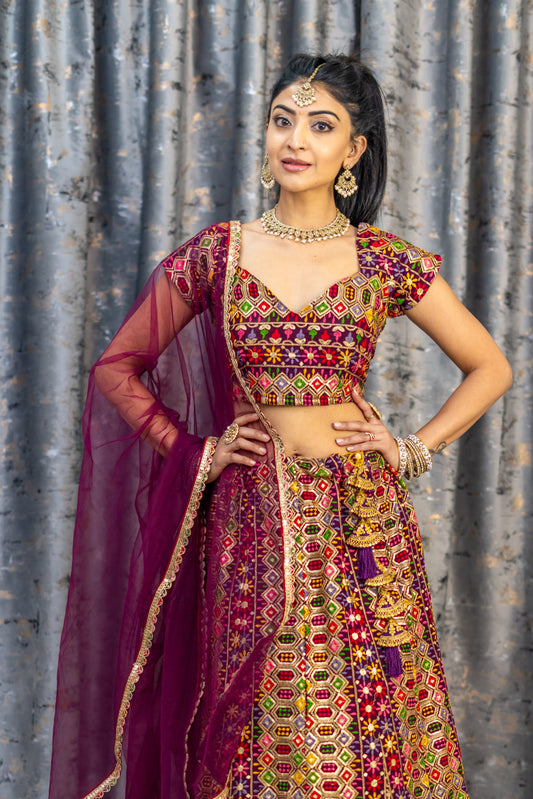 Maroon Colourful Cotton Lehenga Set with Embroidery