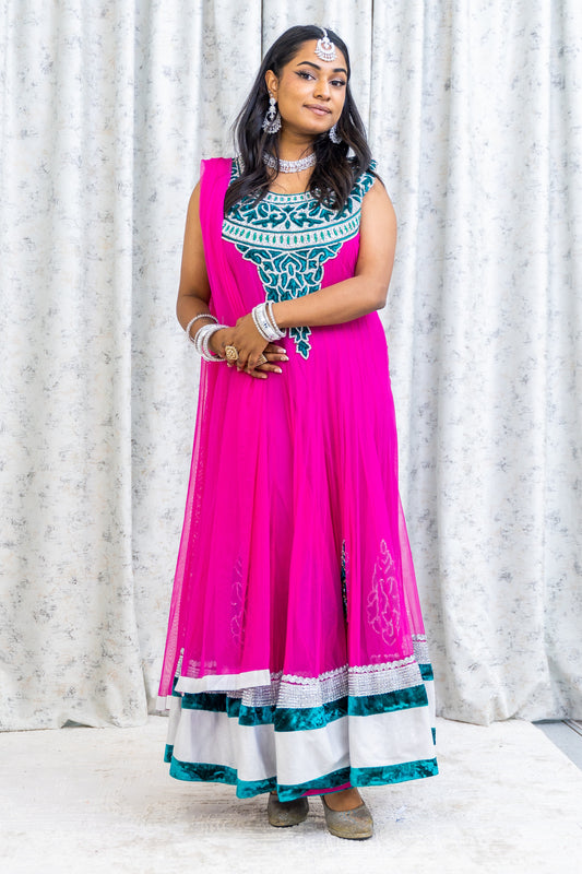 Pink Net Punjabi Set with Silver Swarovski Stone Work