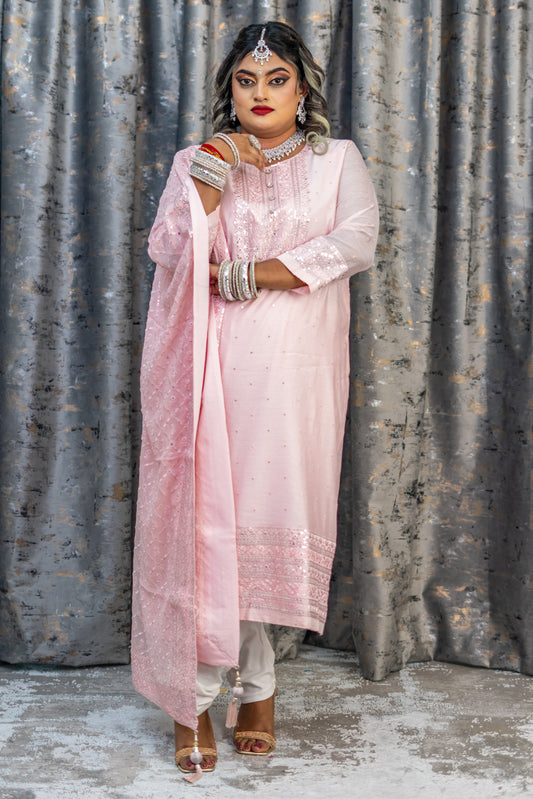 Pink Cotton Punjabi Set with Embroidery
