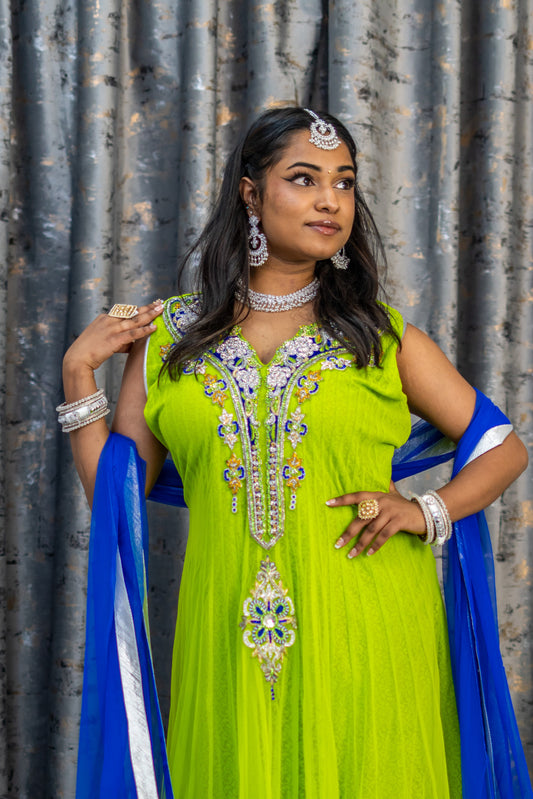 Green Net Punjabi Set with Swarovski Stone Work