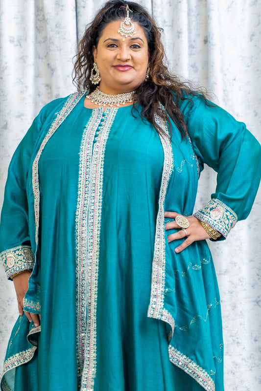 Teal Cotton Punjabi Set with Embroidery