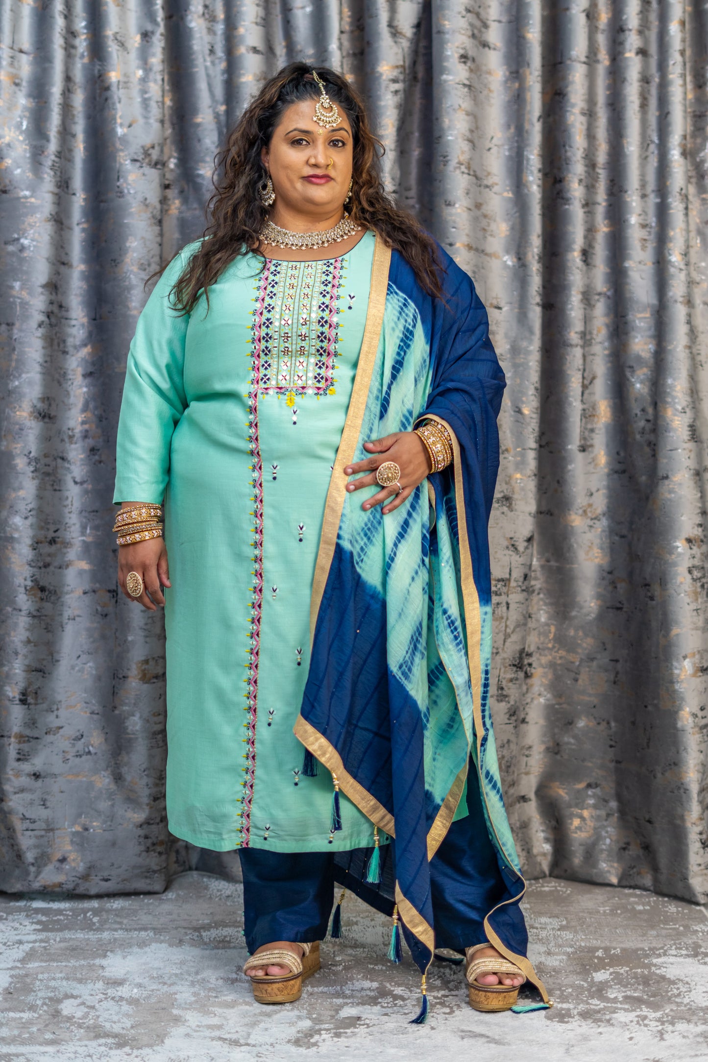 Teal Cotton Punjabi Set with Embroidery