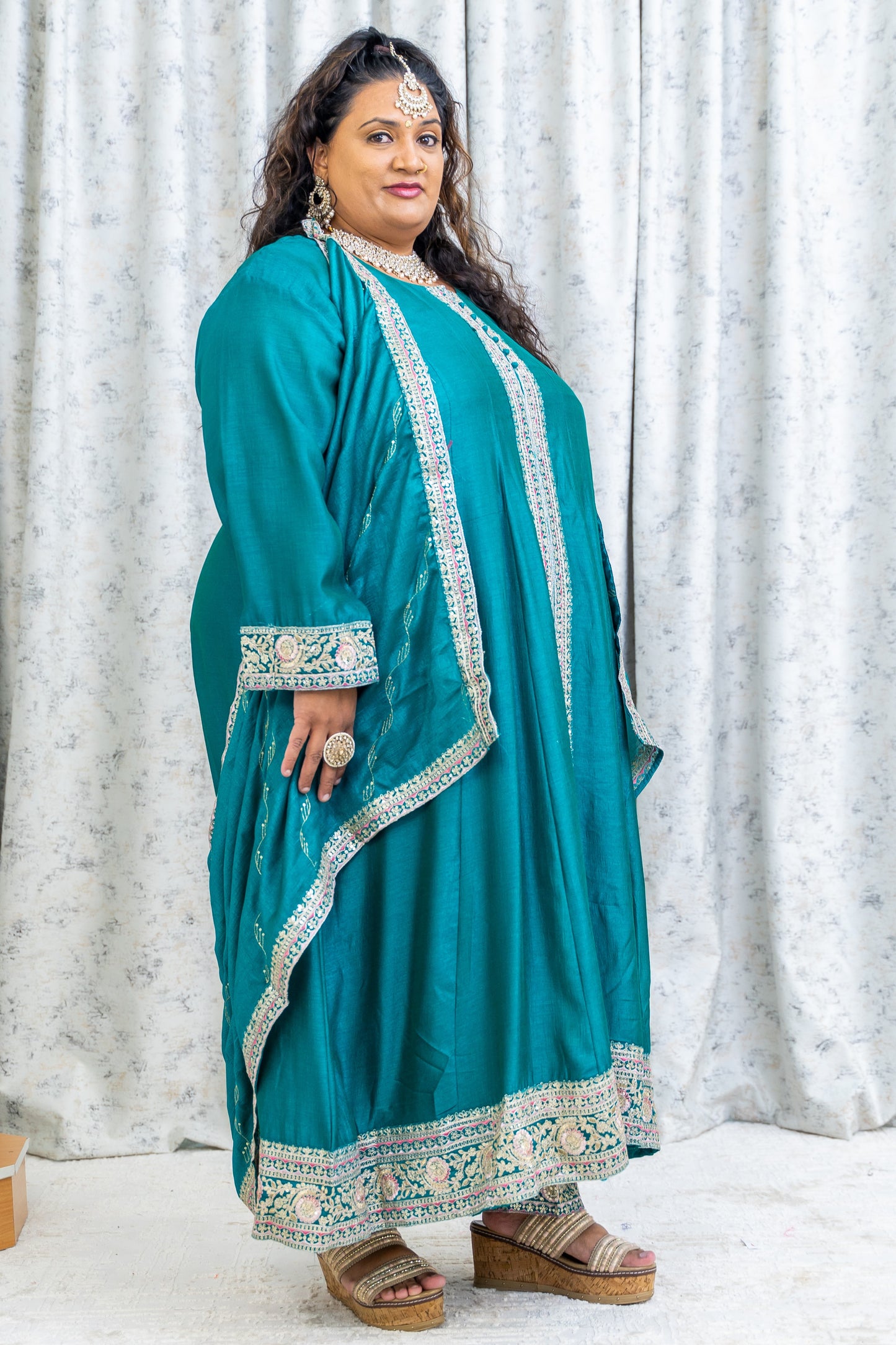 Teal Cotton Punjabi Set with Embroidery