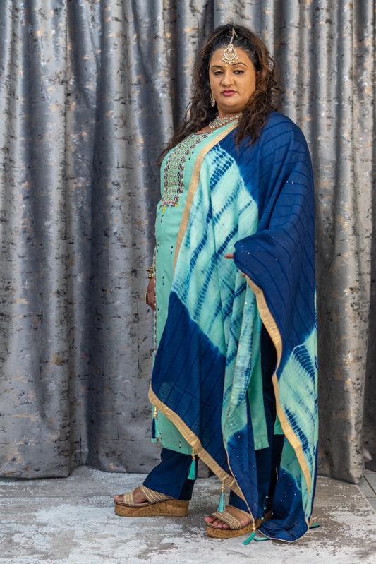 Teal Cotton Punjabi Set with Embroidery