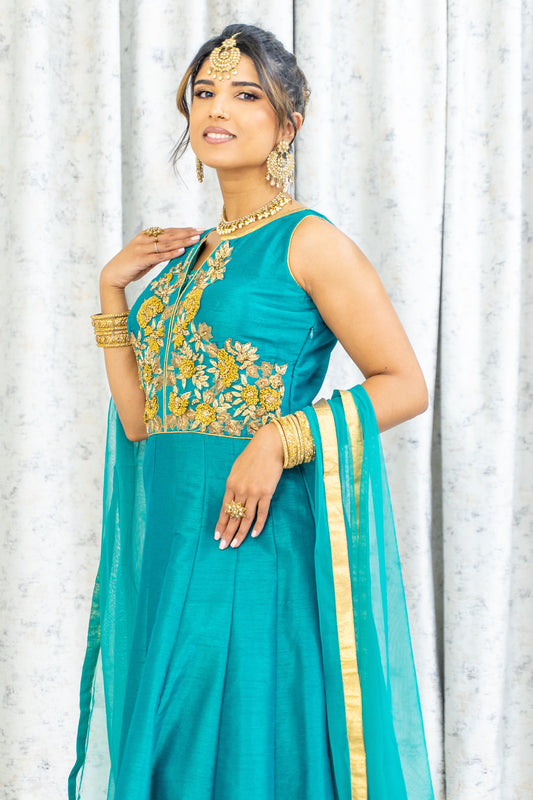 Teal Taffeta Silk Punjabi Set