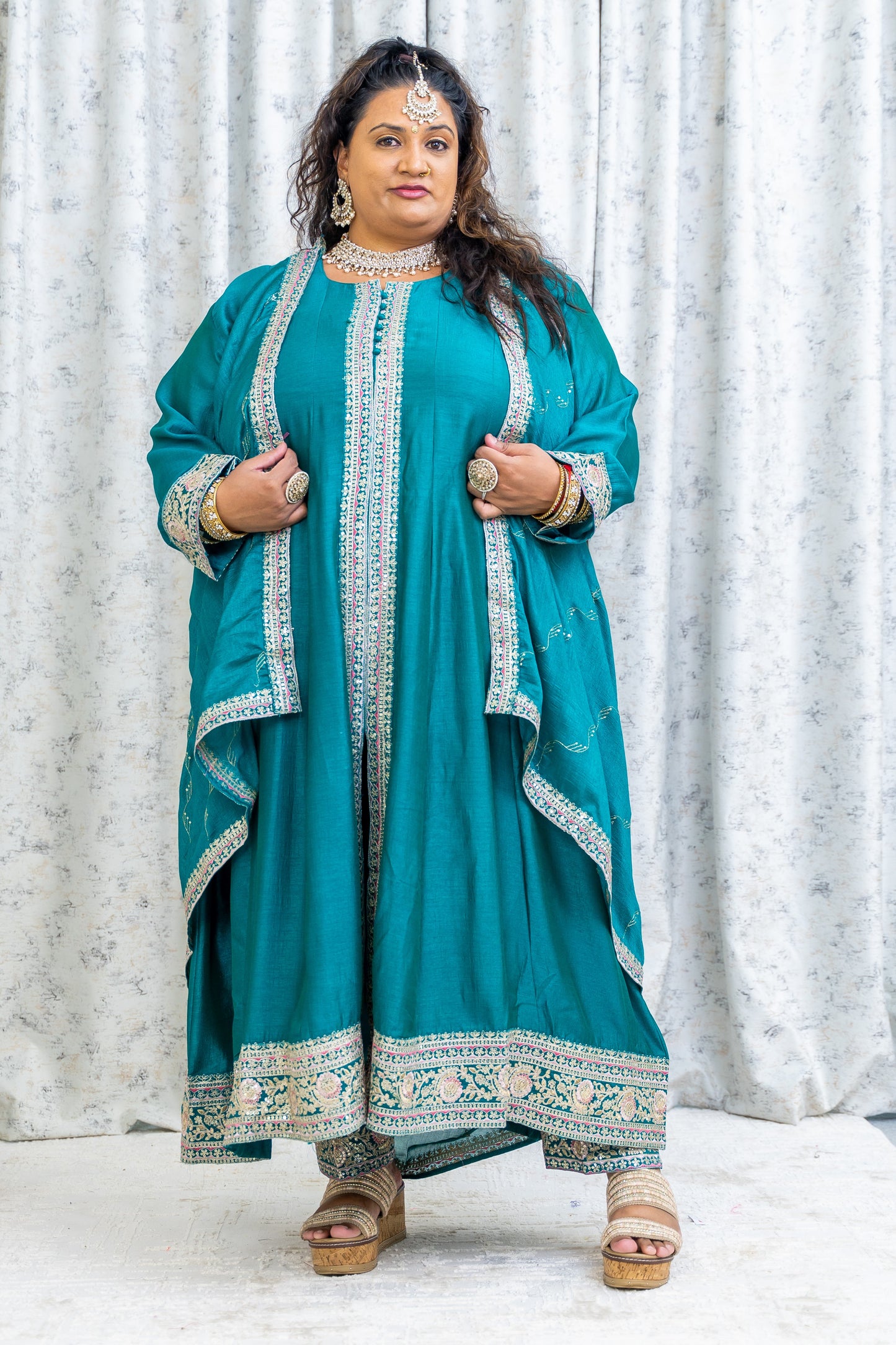 Teal Cotton Punjabi Set with Embroidery