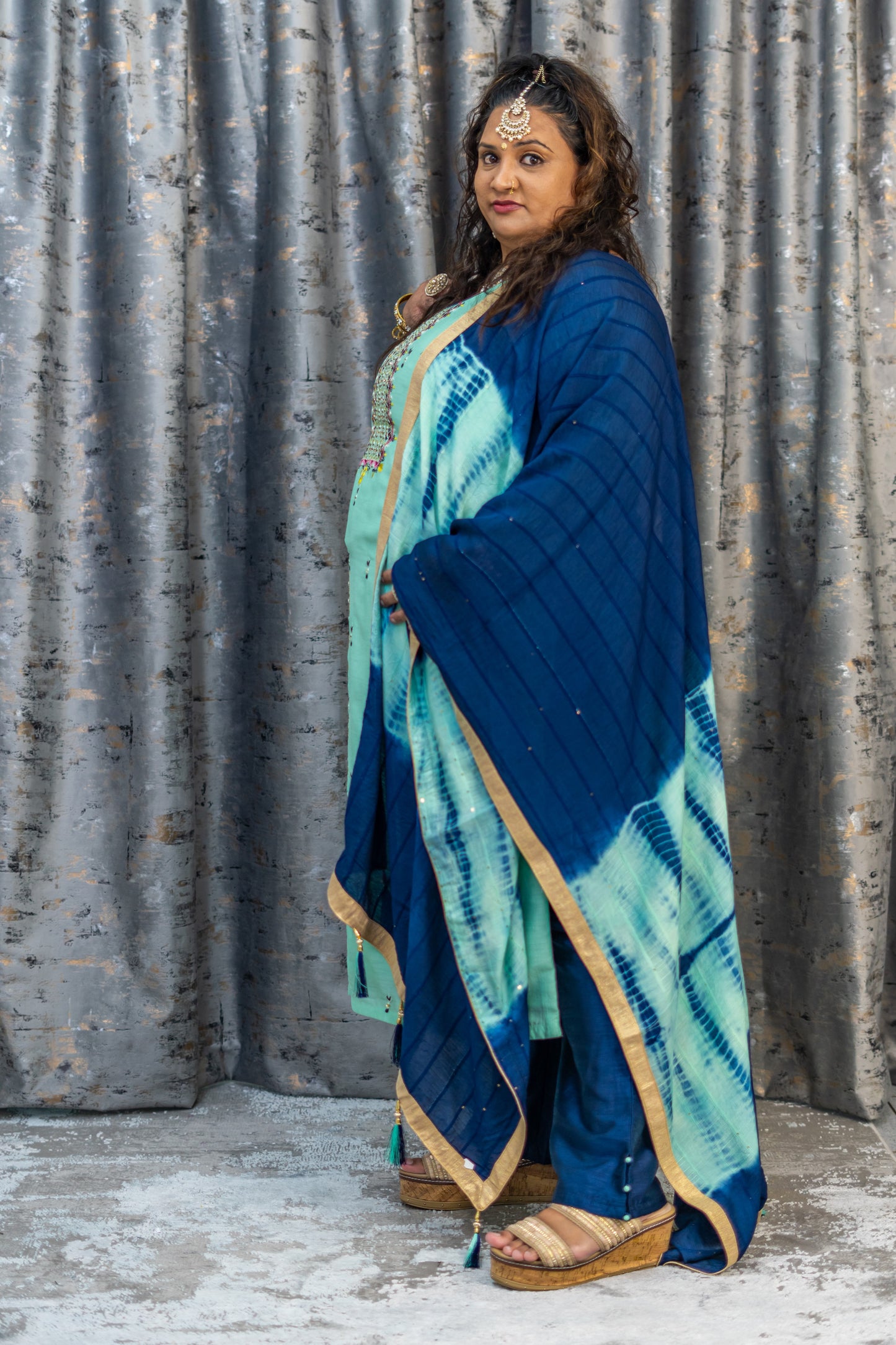 Teal Cotton Punjabi Set with Embroidery