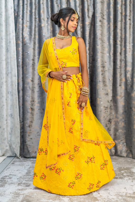 Yellow Colourful Cotton Lehenga Set with Floral Embroidery