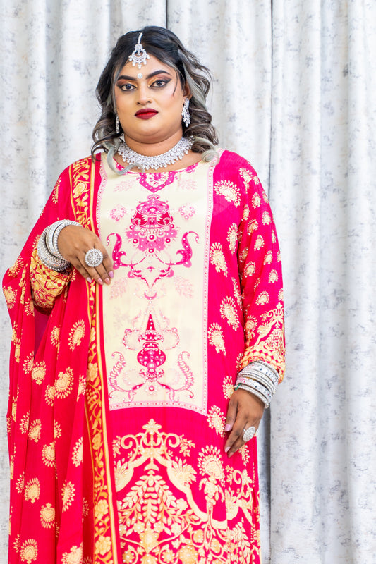 Pink Printed Chinon Silk Punjabi Set