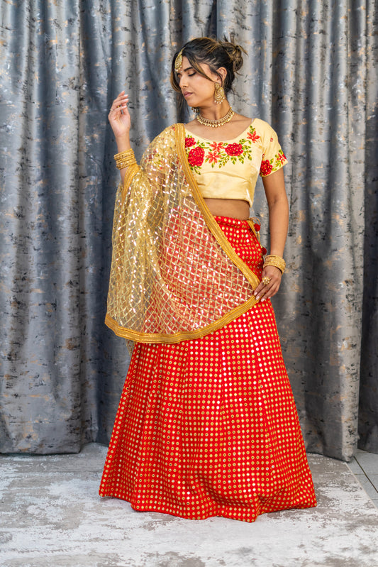 Red Embroidered Foil Ablah Lehenga
