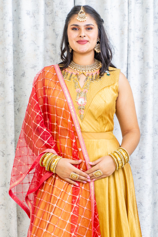 Mustard Raw Silk Punjabi Set with Contrast Dupatta