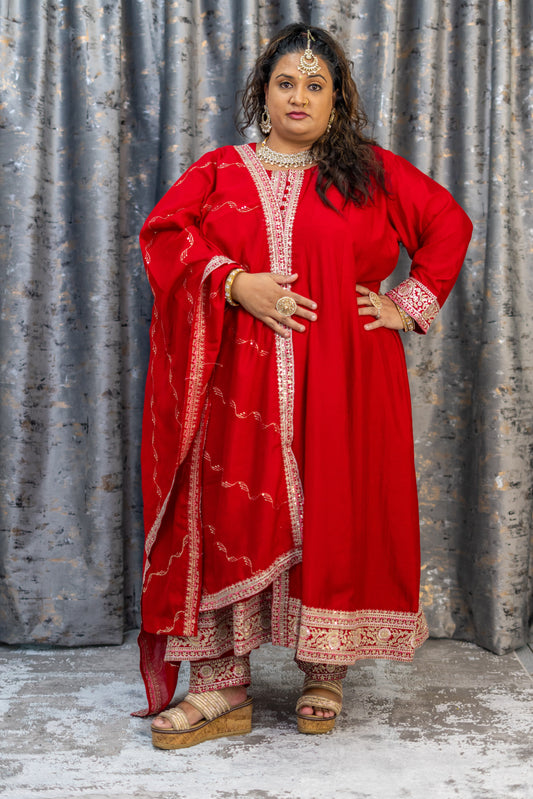Red Cotton Punjabi Set with Embroidery