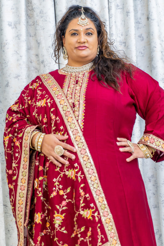 Maroon Cotton Punjabi Set with Embroidery