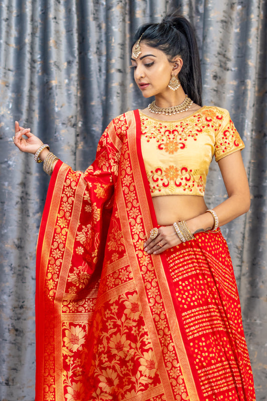 Red Chiffon Bandhani Print Lehenga Set