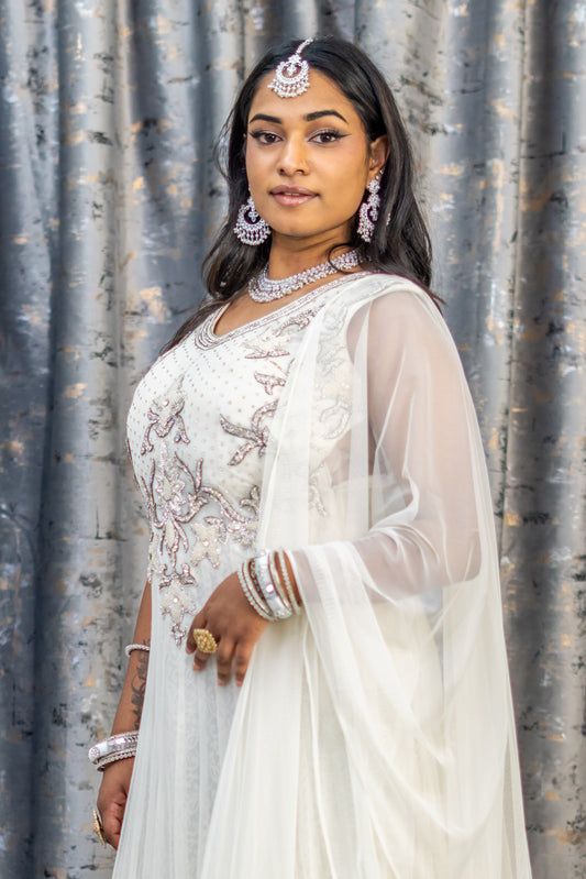 White Net Punjabi with Silver Swarovski Stone Work
