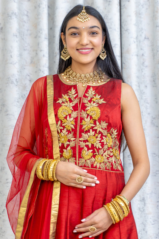 Deep Red Chinon Silk Punjabi Set with Swarovski Stone Work