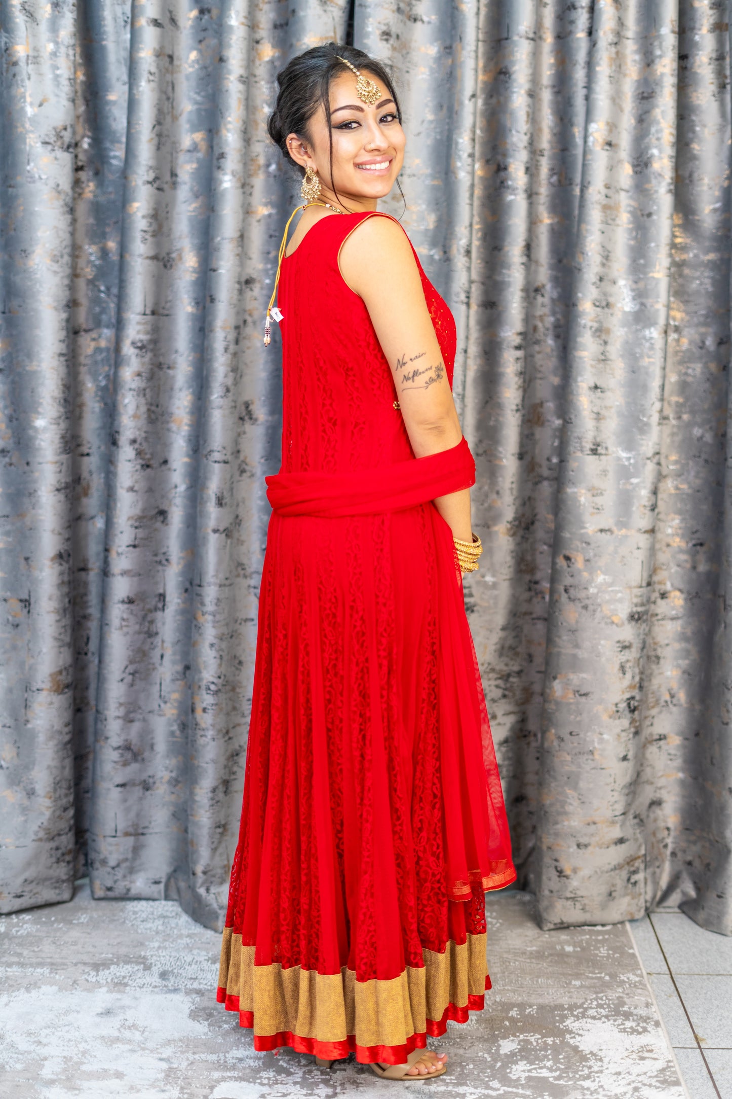 Red Net Punjabi Set with Gold Swarovski Stones
