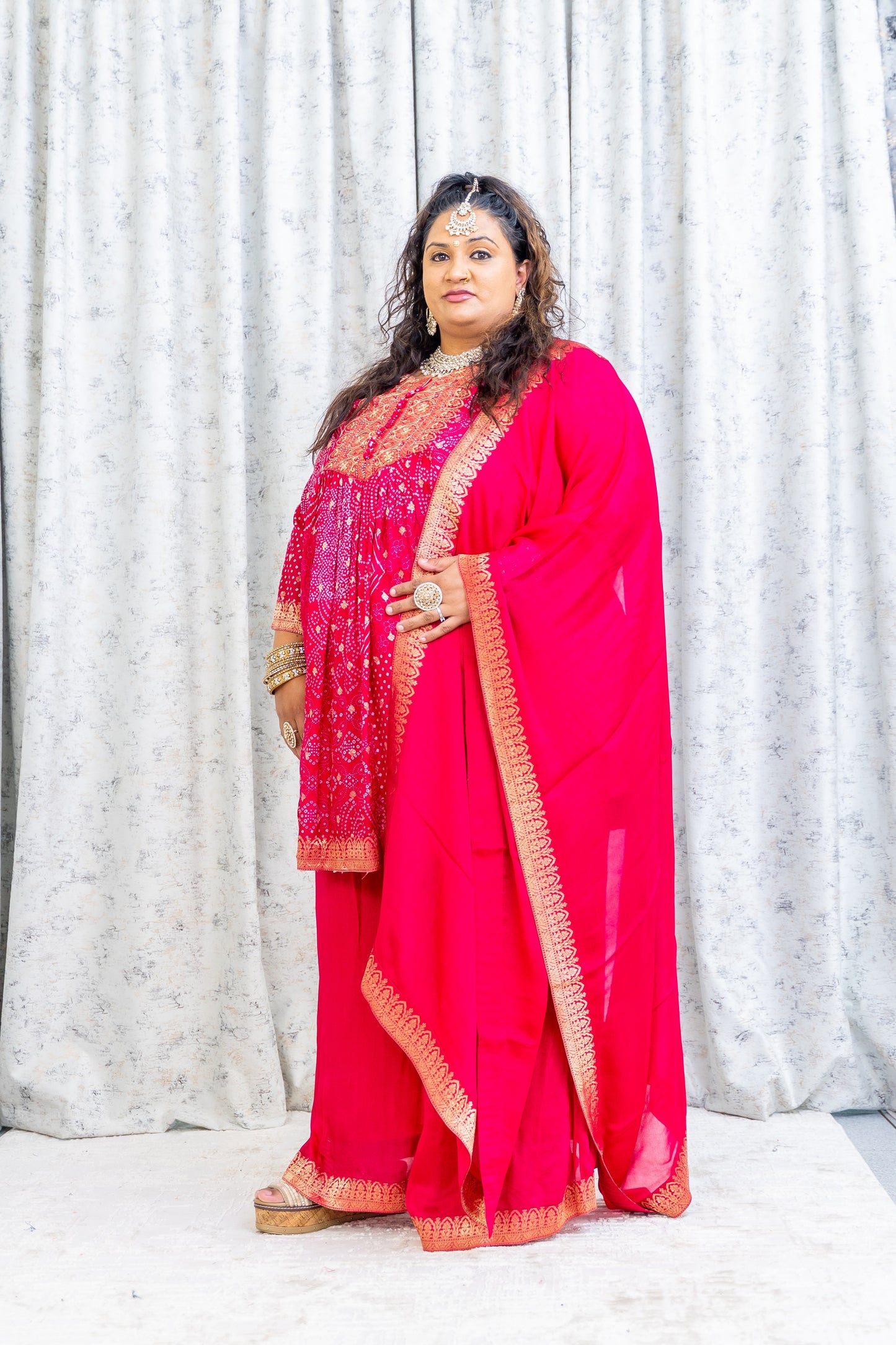 Pink Satin Bandhani Print Punjabi Set
