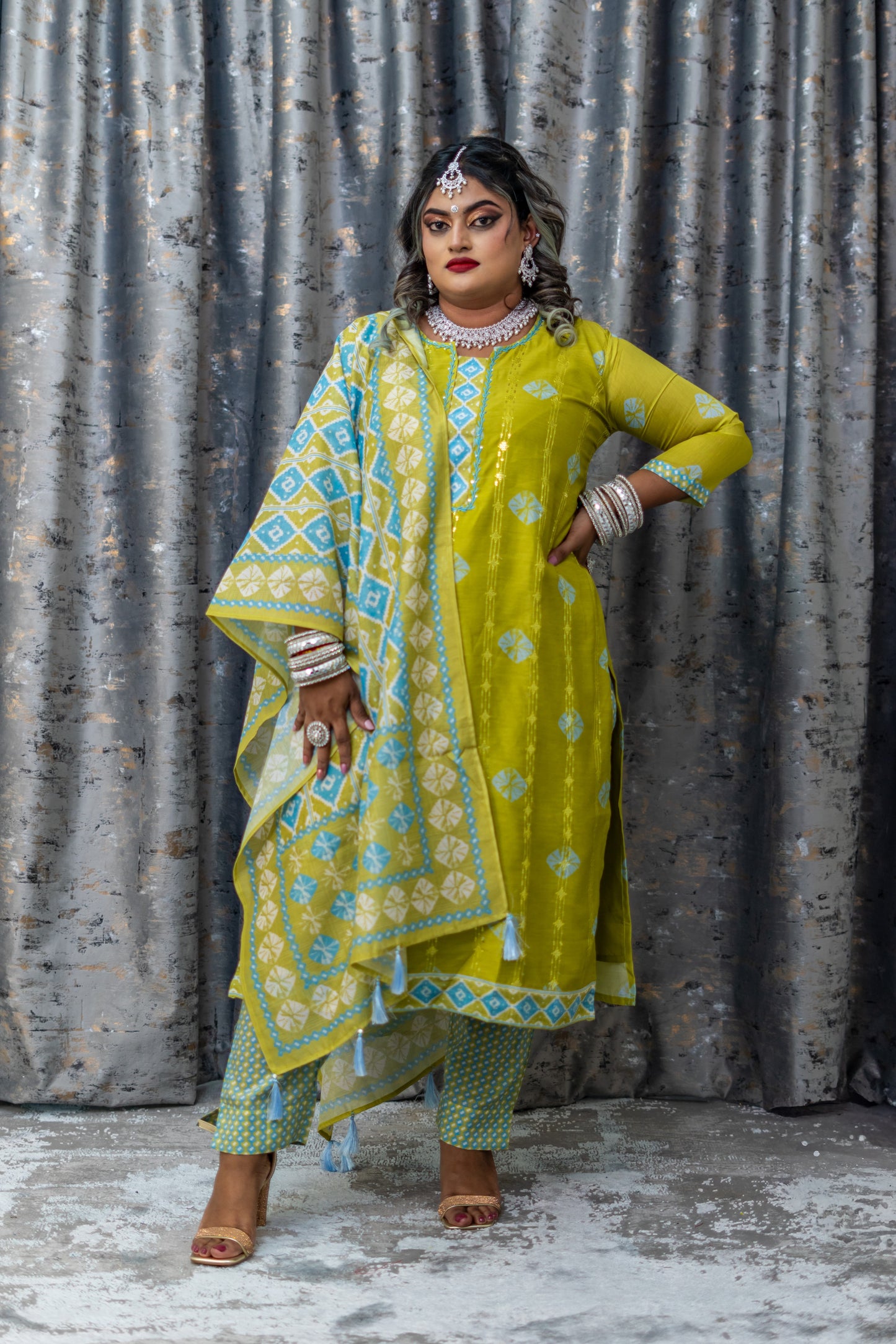 Green Printed Cotton Punjabi Set