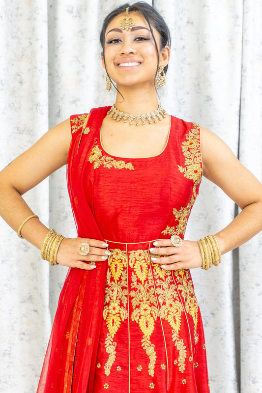 Red Raw Silk Anarkali Set with Swarovski Stone Work