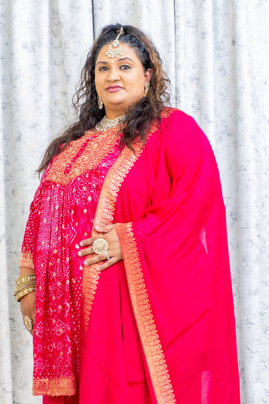 Pink Satin Bandhani Print Punjabi Set