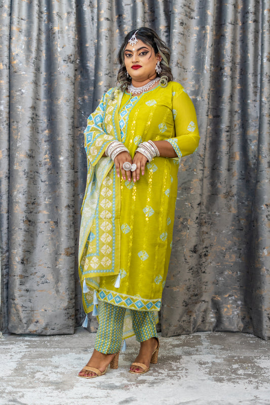 Green Printed Cotton Punjabi Set