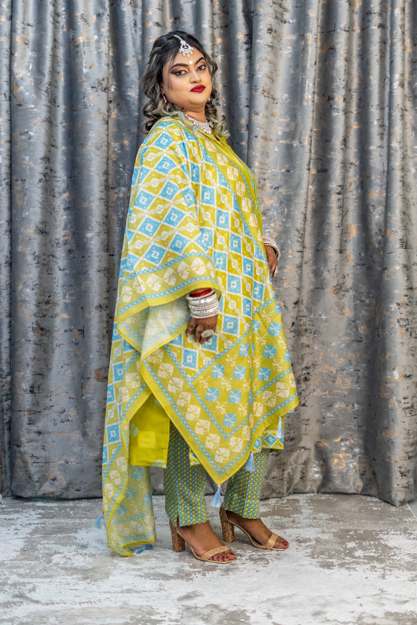 Green Printed Cotton Punjabi Set
