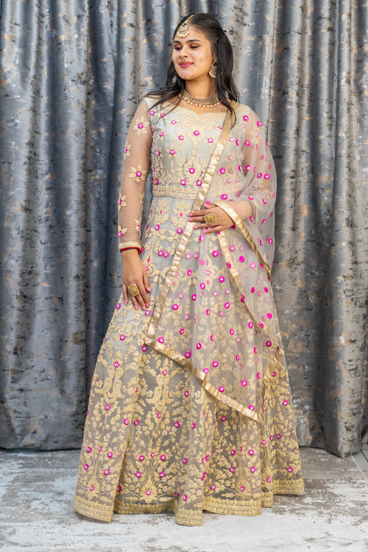Grey Net Punjabi Set with Floral Embroidery