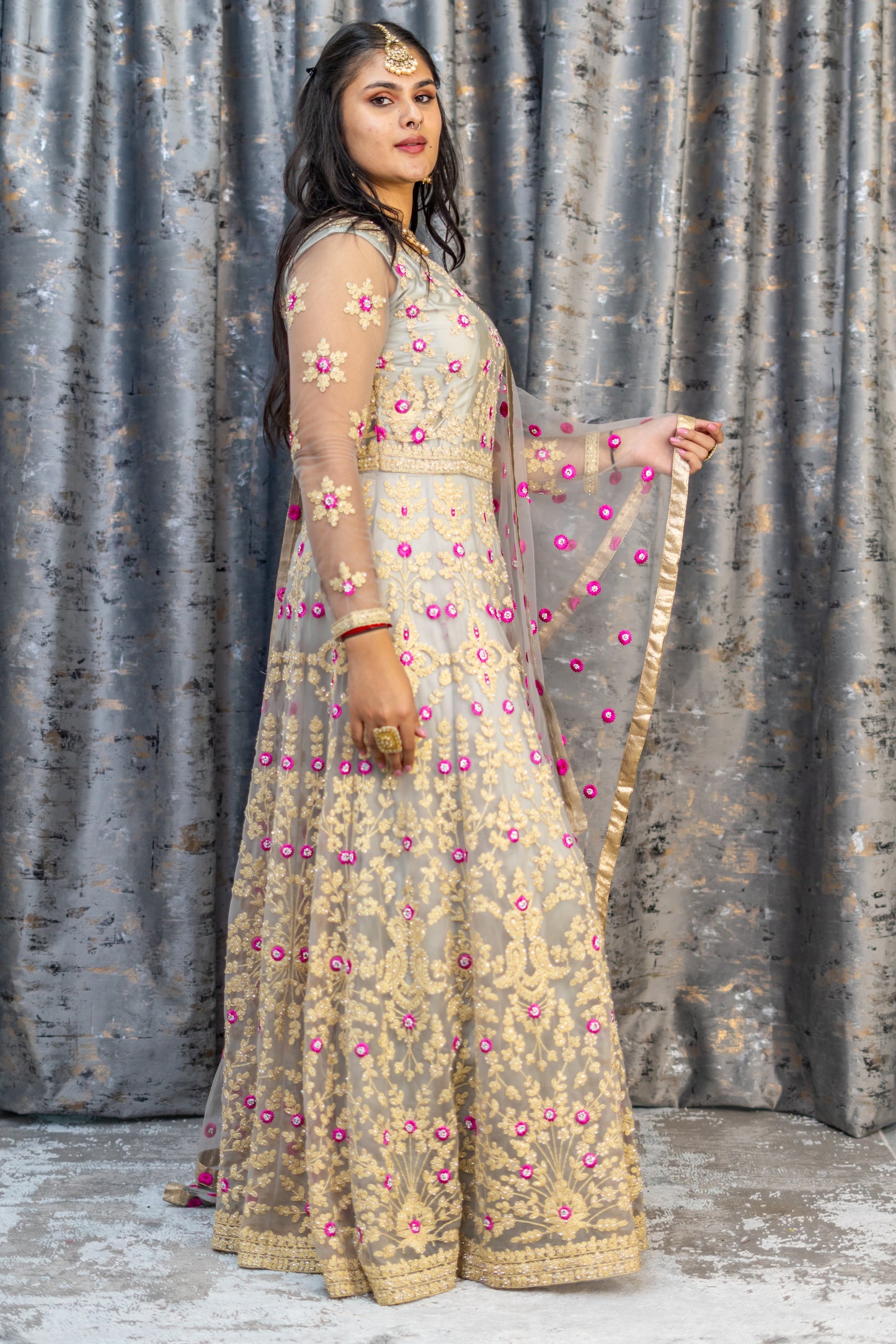 Grey Net Punjabi Set with Floral Embroidery