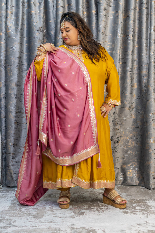 Burnt Orange Cotton Punjabi Set with Contrast Dupatta