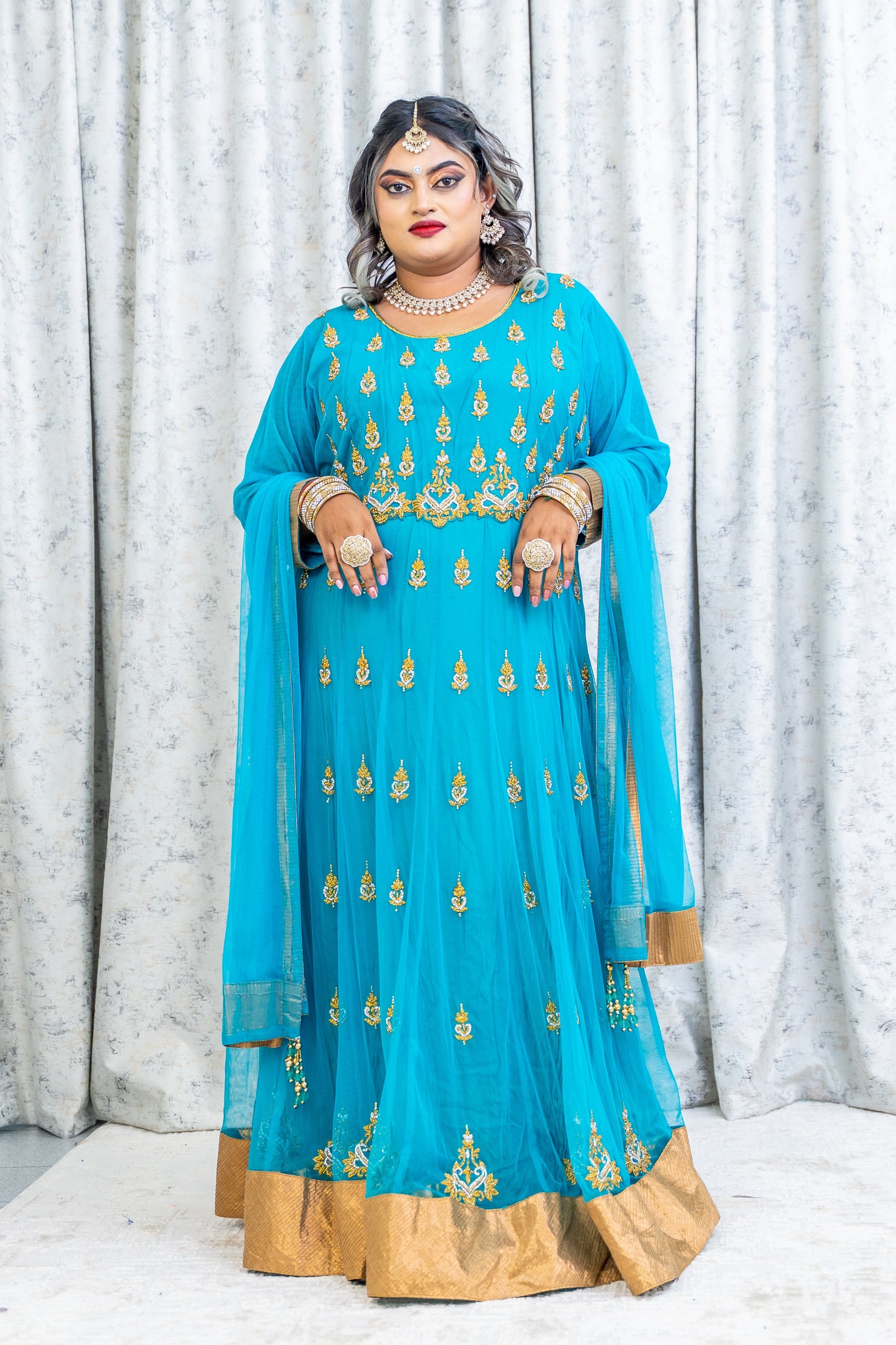 Teal Blue Net Punjabi Set with Swarovski Stone Work