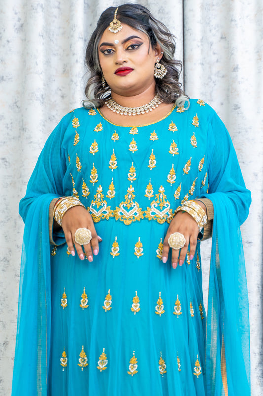 Teal Blue Net Punjabi Set with Swarovski Stone Work