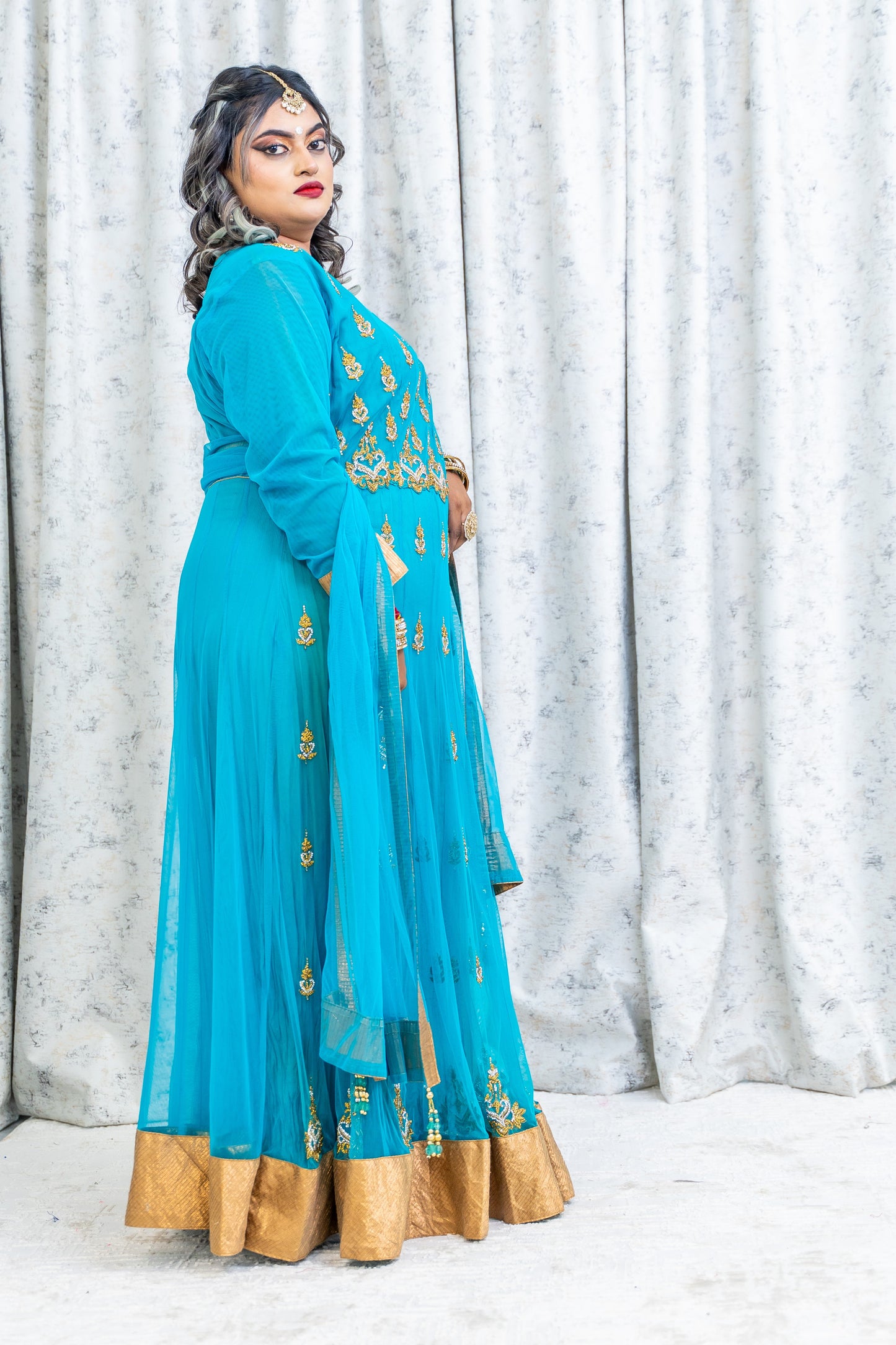 Teal Blue Net Punjabi Set with Swarovski Stone Work