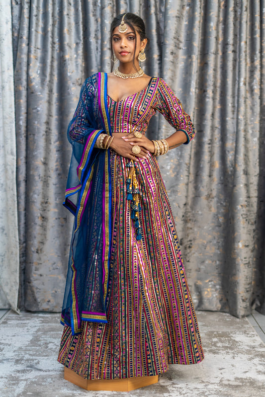 Navy Colourful Cotton Lehenga Set with Embroidery
