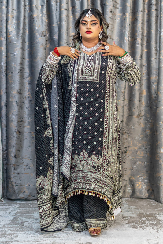 Black Printed Chinon Silk Punjabi Set