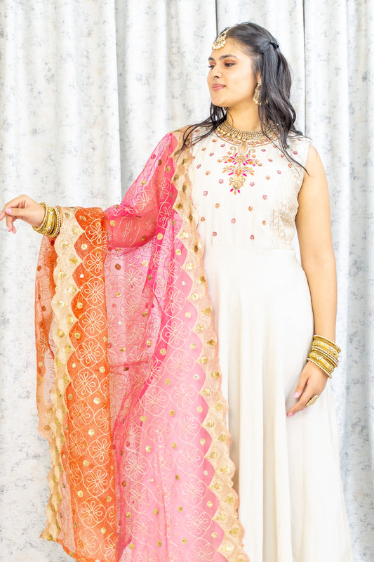 Cream Cotton Anarkali Set with Embroidery