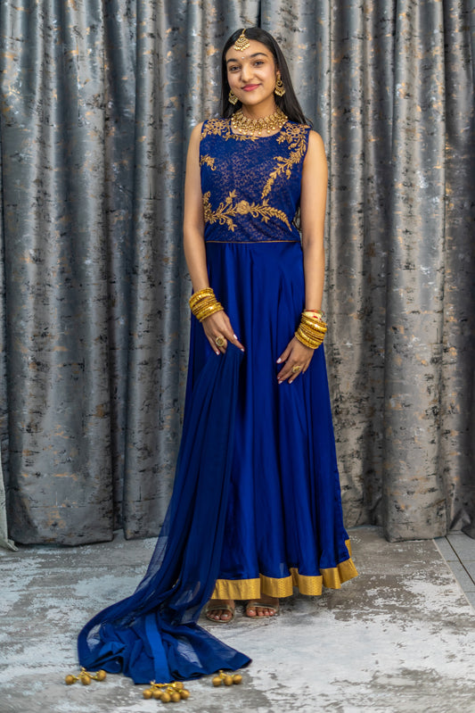 Royal Blue Chinon Silk Punjabi Set with Swarovski Stonework