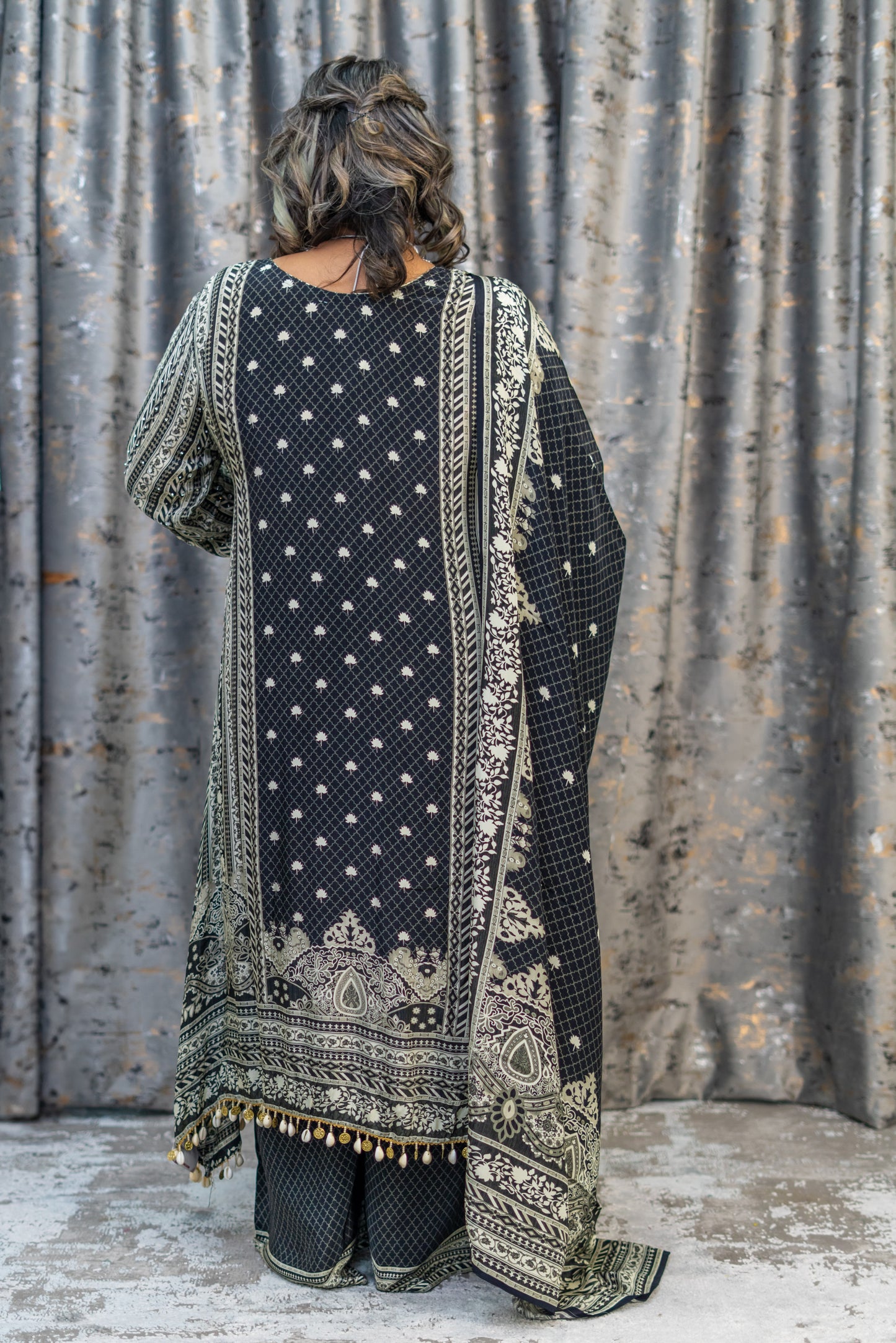 Black Printed Chinon Silk Punjabi Set